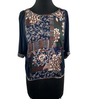 Anthro TINY Blue Top Stretch Floral Print Round Neck Half Sleeve Size X-Small XS